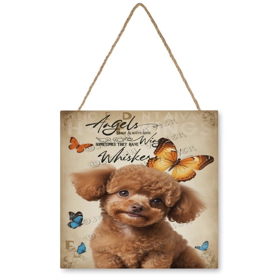 Brown Toy Poodle Dog Hanging Wood Decor Sign, Rustic Wooden Signs, Printed Wood Sign, Hanging Dogs Sign Decor, Dog Room Wall Decor, Home Decor Sign 12x12 Inches