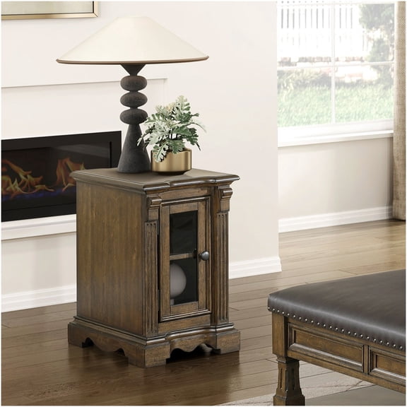 Brown Traditional End Table with Charging Station, USB Ports and Glass Door Cabinet for Living Room