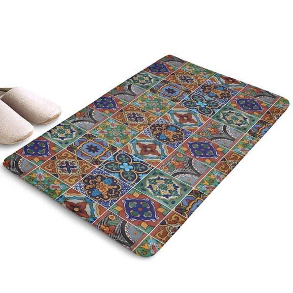 Brown Traditional Tile Pattern Flannel Non Slip Door Rugs,Washable Door Mats Indoor,Decorative Door Mats,Dirt-Resistant and Absorbent Doormat for Entrance,Bedroom,Kitchen,Bathroom,23.5x16in(60x40cm)