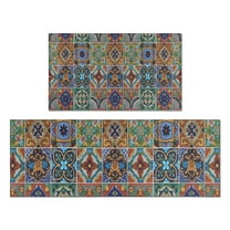 Brown Traditional Tile Pattern Kitchen Rugs Sets Of 2,Anti Fatigue Kitchen Mat Rugs Non Slip Washable,Decorative Kitchen Floor Mats for Kitchen,Sink,Laundry,17"x30" 17"x47"