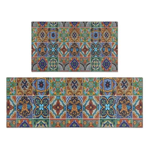 Brown Traditional Tile Pattern Kitchen Rugs Sets Of 2,Anti Fatigue Kitchen Mat Rugs Non Slip Washable,Decorative Kitchen Floor Mats for Kitchen,Sink,Laundry,17"x30"+17"x47"