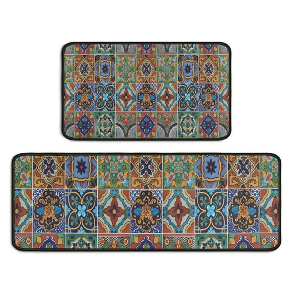 Brown Traditional Tile Pattern Kitchen Rugs Sets Of 2,Anti Fatigue Kitchen Mat Rugs Non Slip Washable,Decorative Kitchen Floor Mats for Kitchen,Sink,Laundry,17"X30"+17"X47"
