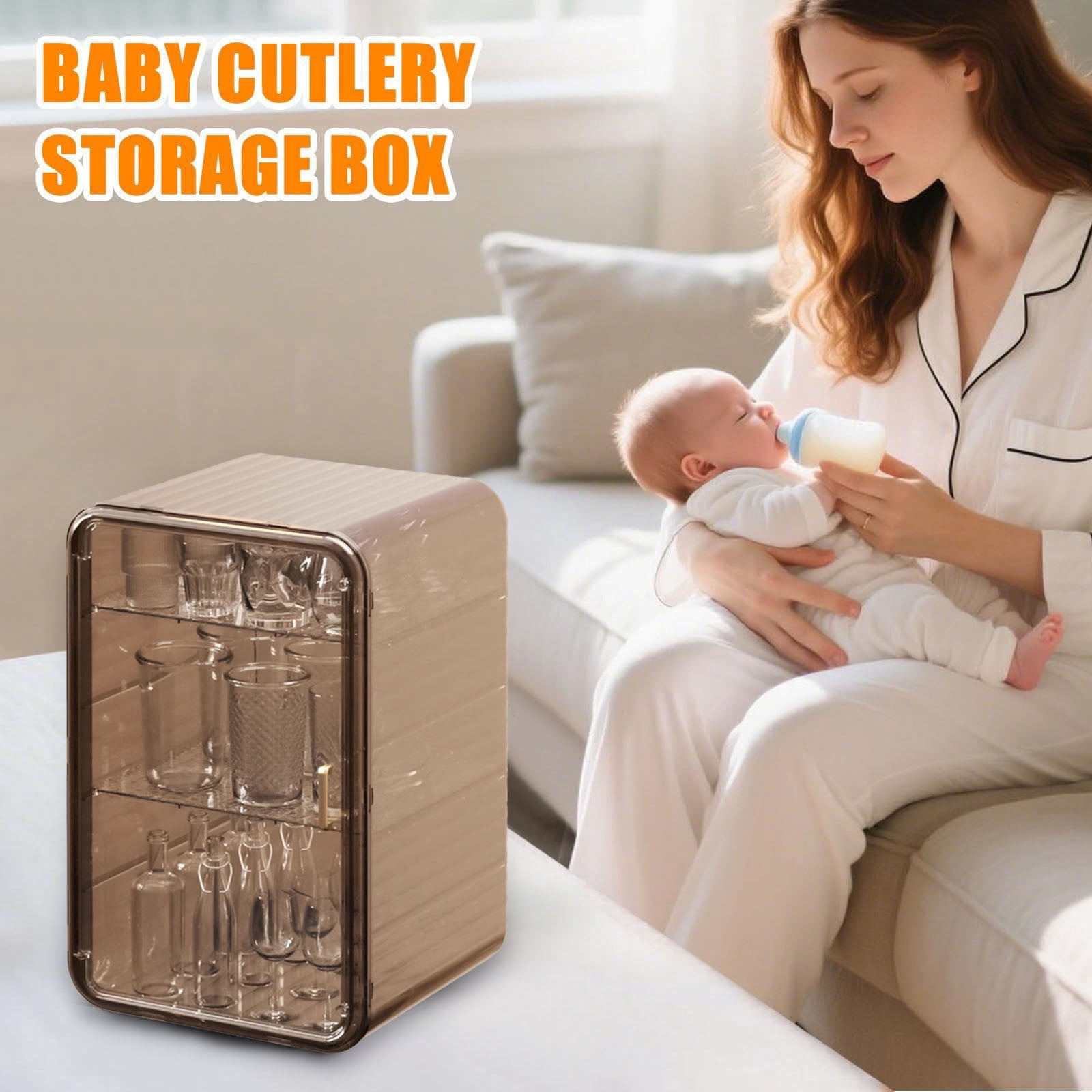 Brown Translucent Vertical Space‑Saving Baby Bottle Drying Rack, Dust‑Proof Countertop Bottle & Cup Storage Organizer with Drain Tray, Large Capacity Stackable Feeding Accessories Holder