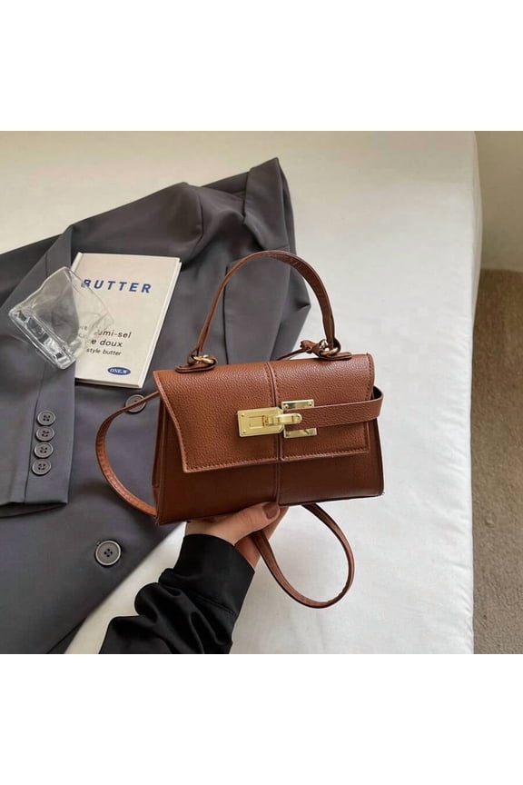 Brown Trapezoid Lock Clasp Small Shoulder Crossbody Bag With Gold-Tone