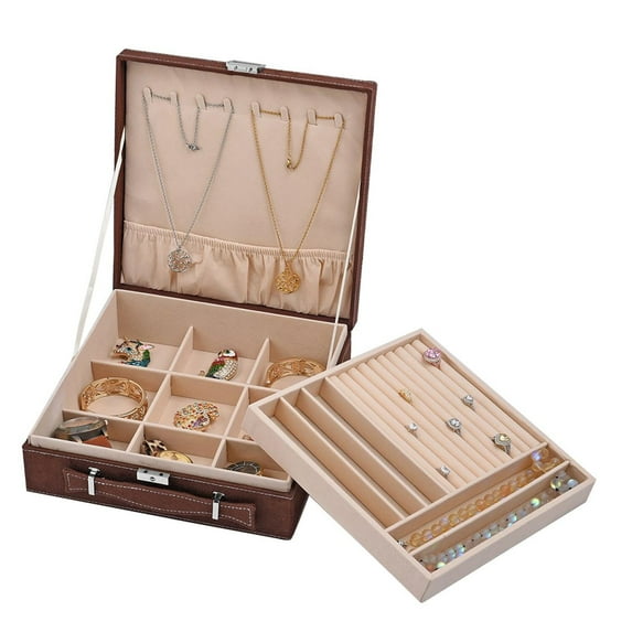 Shop LC Brown Travel Jewelry Organizer Box Case for Women Faux Velvet Tarnish 2 Layer Necklace Earrings Ring Jewelry Holder Portable Jewelry Box Storage Birthday Gifts