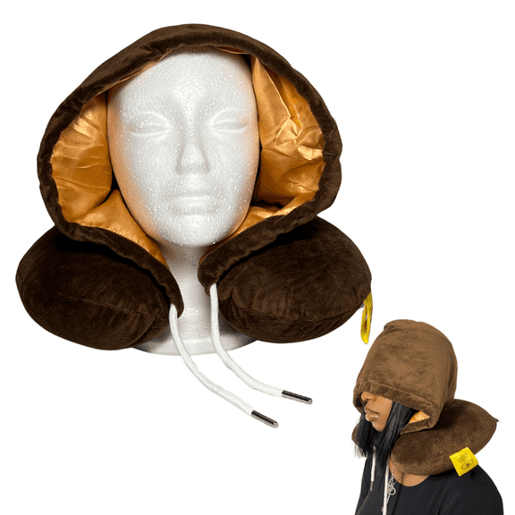 Brown Travel Pillows for Sleeping, Neck Pillows for Airplane, Neck Travel Pillow with Hood Satin Lined Style Protectant for Braids and Locs Vacation, Memory Foam Travel Pillow (Brown)