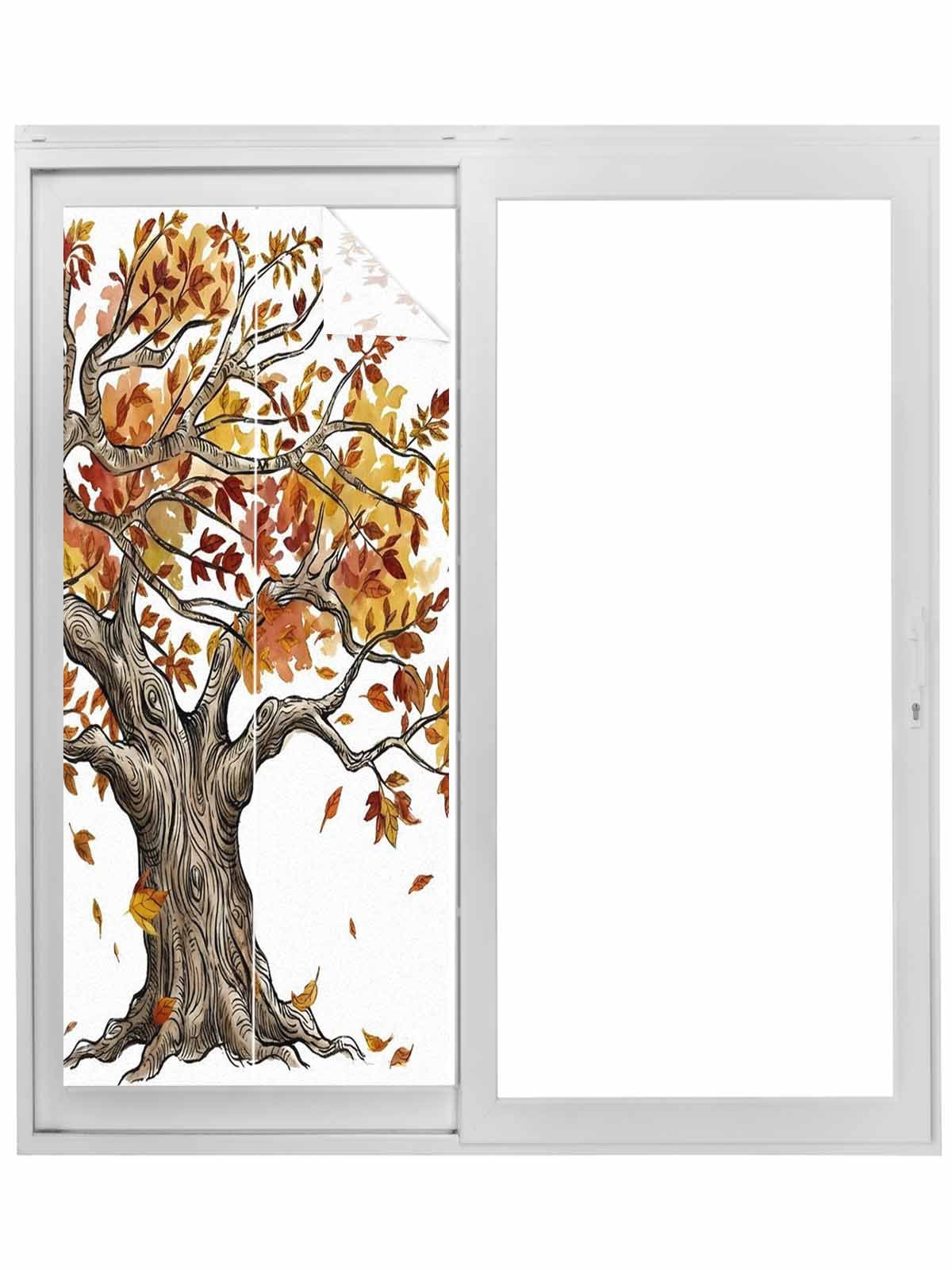 Brown Tree Fall Window Privacy Film, Leaves Branches Watercolor ...