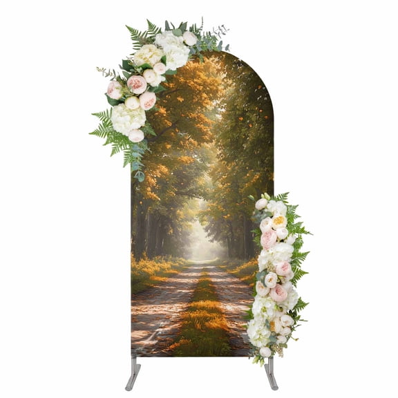 Brown Trees Arch Backdrop Cover, Spandex Fitted Wedding Arch Cover, Forest Art Decor Spring Summer Nature Leaf Round Top Stand Covers for Birthday Ceremony Bridal Shower Party Decor 6x2.6 Ft
