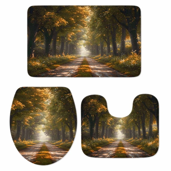 Brown Trees Bath Mat 3 Piece Bathroom Rug Set, Forest Art Decor Spring Summer Nature Leaf Non Slip Bath Rug Contour Mat and Toilet Lid Cover, Absorbent Shower Mats Soft Bath Rugs and Mats Sets