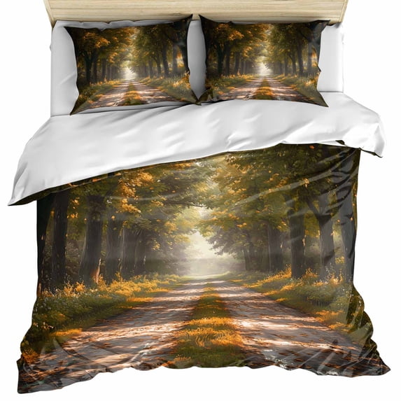 Brown Trees Bedding 3 Piece Duvet Cover Set Queen Size, Forest Art Decor Spring Summer Nature Leaf Soft Microfiber Comforter Cover with Zipper Closure & Pillowcases, FadeResistant Quilt Cover