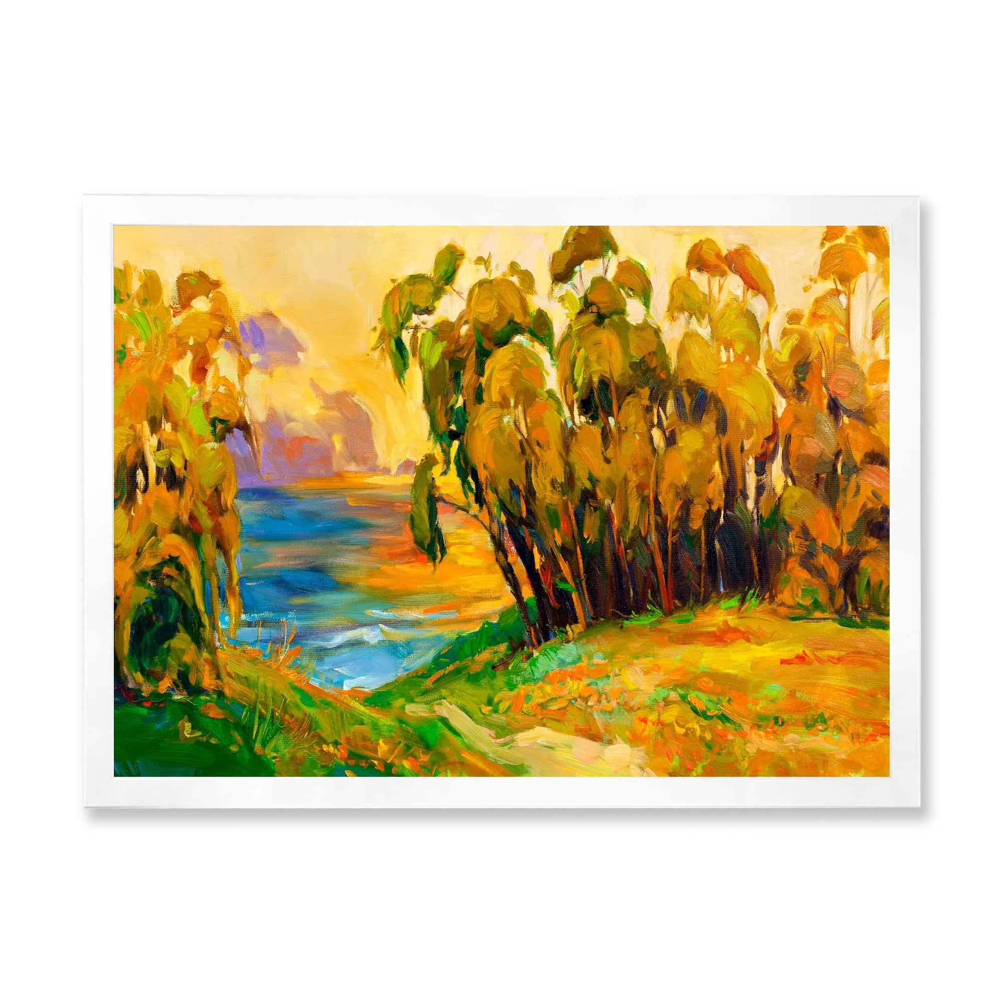 Brown Trees By The Riverside During Evening Glow 20 in x 12 in Framed Painting Canvas Art Print, by Designart