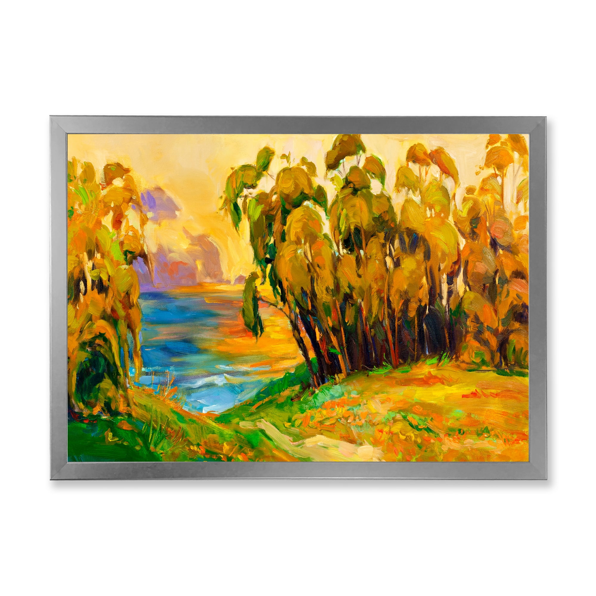Brown Trees By The Riverside During Evening Glow 32 in x 16 in Framed Painting Canvas Art Print, by Designart