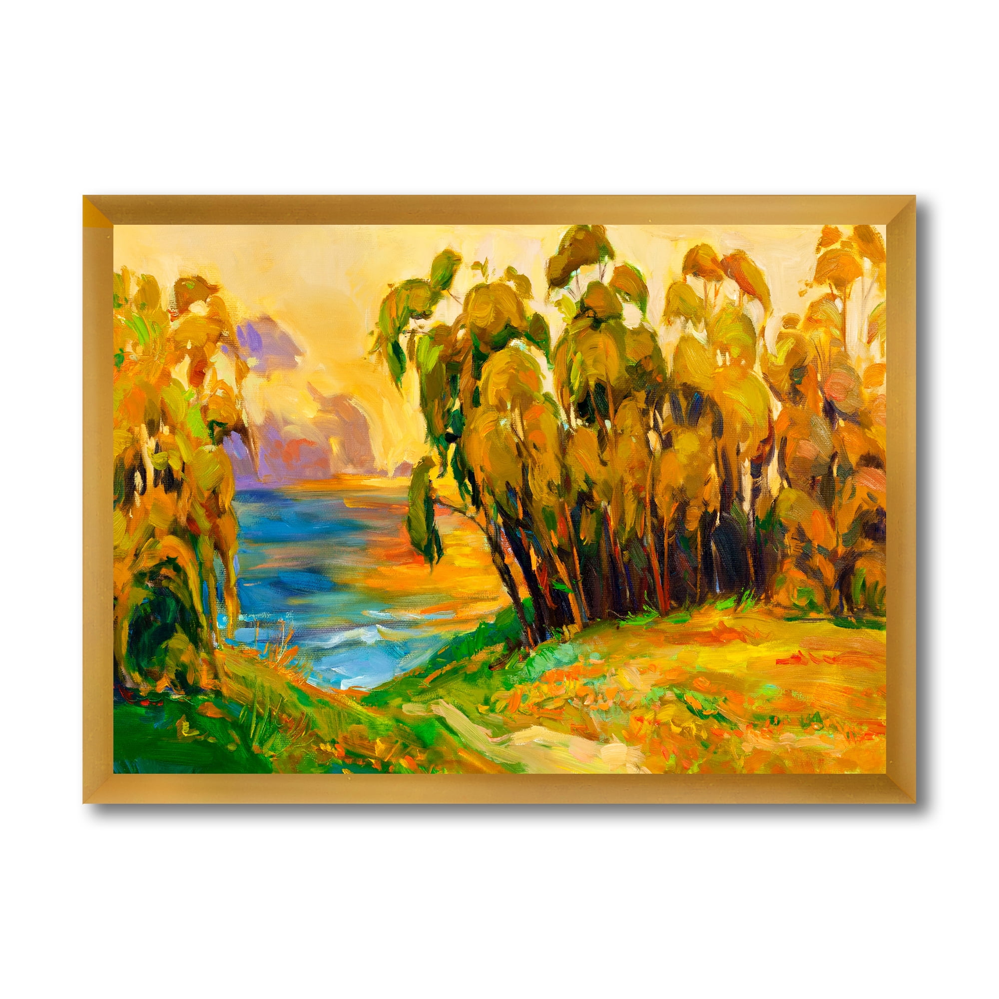 Brown Trees By The Riverside During Evening Glow 40 in x 30 in Framed Painting Canvas Art Print, by Designart
