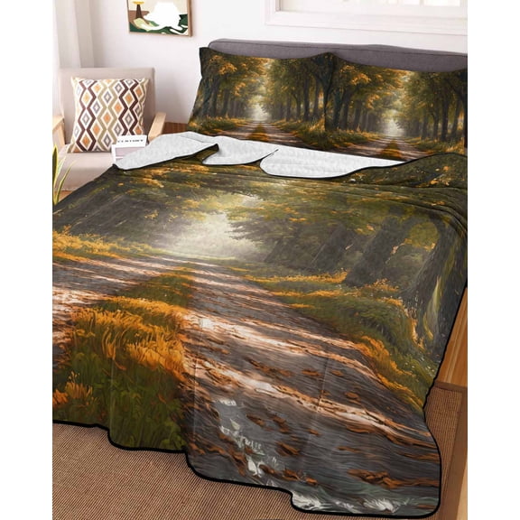 Brown Trees Full Size Down Alternative Comforter, Lightweight Comforter Quilt Bedding Set with Pillow Shams Forest Art Decor Spring Summer Nature Leaf All Seasons Bed Comforter Duvet Insert 78"x90"