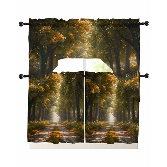 Brown Trees Kitchen Curtains Sets 24 Inch Length with Valance, Forest Art Decor Spring Summer Nature Leaf Swag Valances and Tiers Curtain Set Drapes Swag Curtains for Living Room, Bathroom, Bedroom