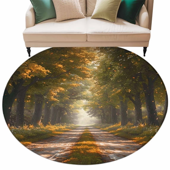 Brown Trees Large Area Rugs for Bedroom Living Room, Soft Non Slip Carpet Bedside Rug, Forest Art Decor Spring Summer Nature Leaf Round Floor Cover Kitchen Accent Rug 8' for Dining Room/Office