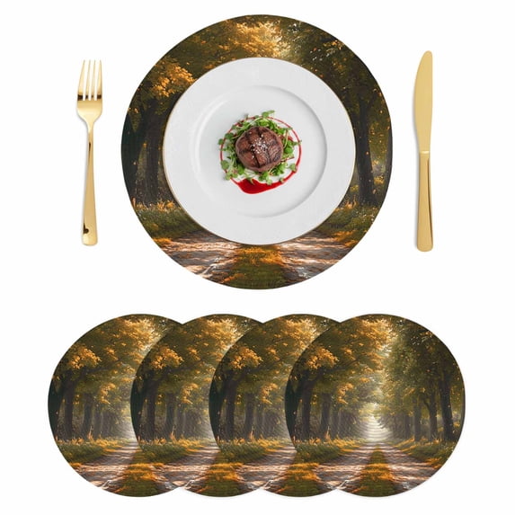 Brown Trees Round 13 Inch Placemats Set of 4, Forest Art Decor Spring Summer Nature Leaf HeatResistant Non Slip Place Mats for Dining Table, Wipeable Braided Kitchen Table Mats for Housewarming