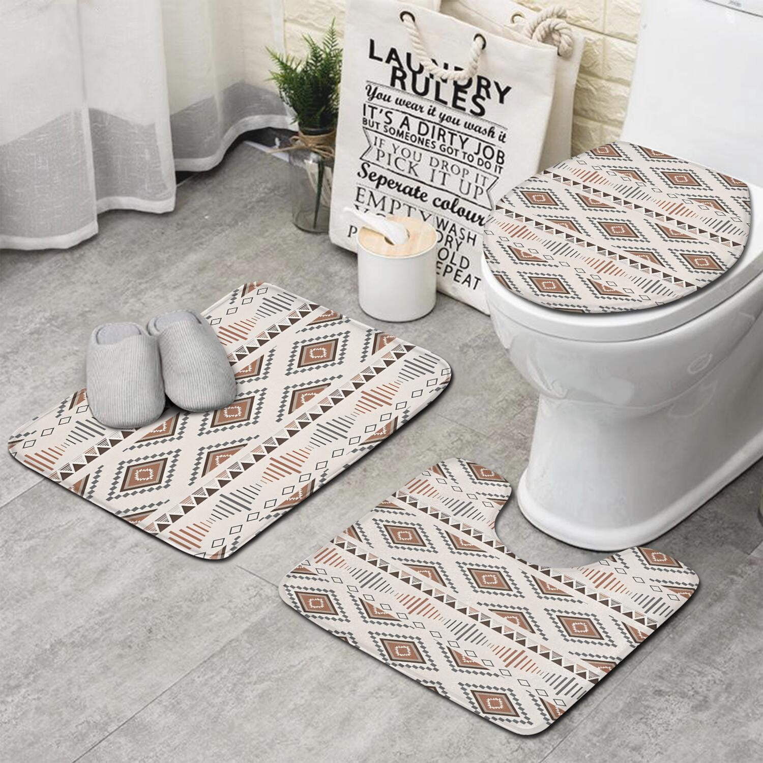 Brown Triangular Geometric Pattern Bathroom Rugs Sets 3 Piece,Toilet ...