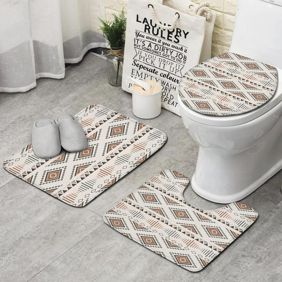 Brown Triangular Geometric Pattern Bathroom Rugs Sets 3 Piece,Toilet Cover Set,Absorbent Non Slip Bathroom Mats Sets with U-Shaped Contour Rug Toilet Rug Set