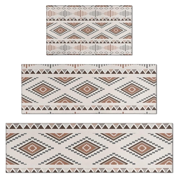 Brown Triangular Geometric Pattern Kitchen Rugs Sets Of 3,Kitchen Runner Rugs Non Skid Washable,Decorative Kitchen Floor Mats for Kitchen,Sink,Laundry,17"x30"+ 17"x47" + 17"x59"