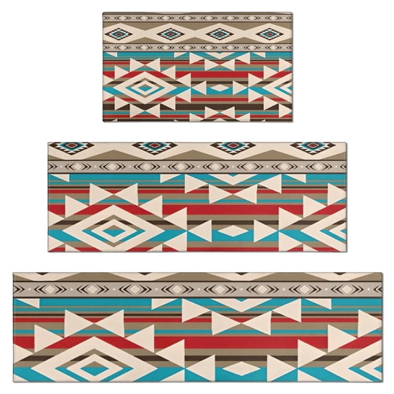 Brown Triangular Geometric Pattern Kitchen Rugs Sets Of 3,Kitchen Runner Rugs Non Skid Washable,Decorative Kitchen Floor Mats for Kitchen,Sink,Laundry,17"x30"+ 17"x47" + 17"x59"