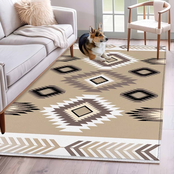 Brown Tribal Geometric Area Rugs 4x6 ft Vintage Boho Native Abstract Washable Rug Non Slip Indoor Carpet Absorbent Floor Mat for Living Room Bedroom Dining Room