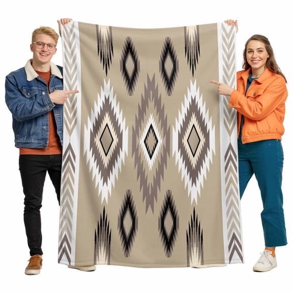 Brown Tribal Geometric Flannel Blanket for Bed,Travel and Camping, Vintage Boho Native Abstract Super Soft Cozy Blanket for All Seasons 60"x80"