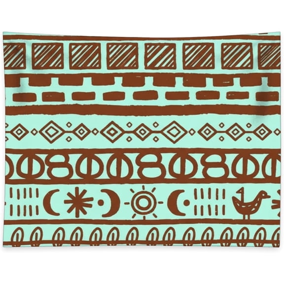 Brown Tribal Geometric Pattern On Turquoise Tapestry Boho Vintage Aztec Inspired Wall Hanging Hippie Decor Bohemian Art Boho Aesthetic Tapestry for Bedroom Dorm Living Room Decor 40 x 30 Inch