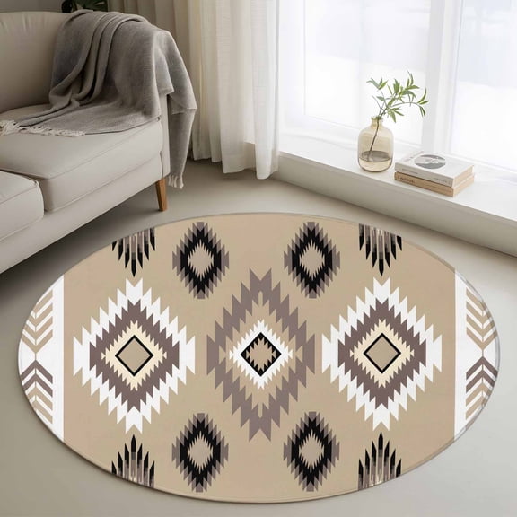 Brown Tribal Geometric Round Area Rugs 3 ft, Vintage Boho Native Abstract Washable Small Area Rug with Non-Slip Sturdy Edge Binding Round Front Door Mat Floor Carpet for Entryway