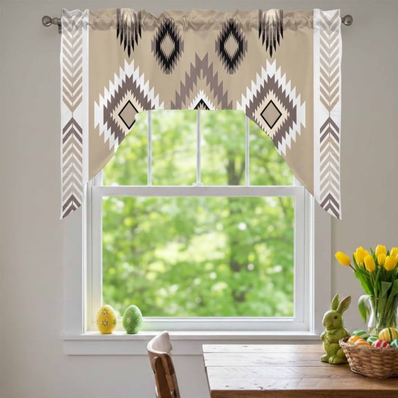 Brown Tribal Geometric Swag Valances for Kitchen Window, Vintage Boho Native Abstract Small Swag Valances Rod Pocket Curtain Drapes Window Treatment for Bedroom Bathroom, 56x36 Inch