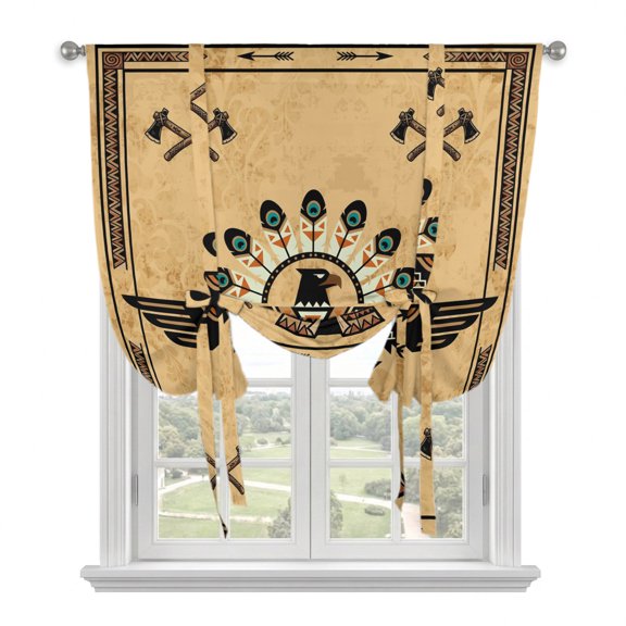 Brown Tribal Tie Up Curtains for Window, Thermal Insulated Balloon Shade Adjustable Rod Pocket Curtains Valance Panels for Kitchen Bathroom Cafe 34 x 45 Ethnic Eagle Icon Geometric Traditional
