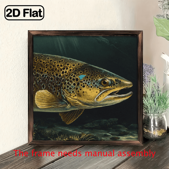 , Brown Trout Fish Wall Art Print - Framed Waterproof Canvas with Wood Frame, Realistic Trout Head Body Close-Up, izable Sizes - Salmon/Trout Decor.wooden board painting.