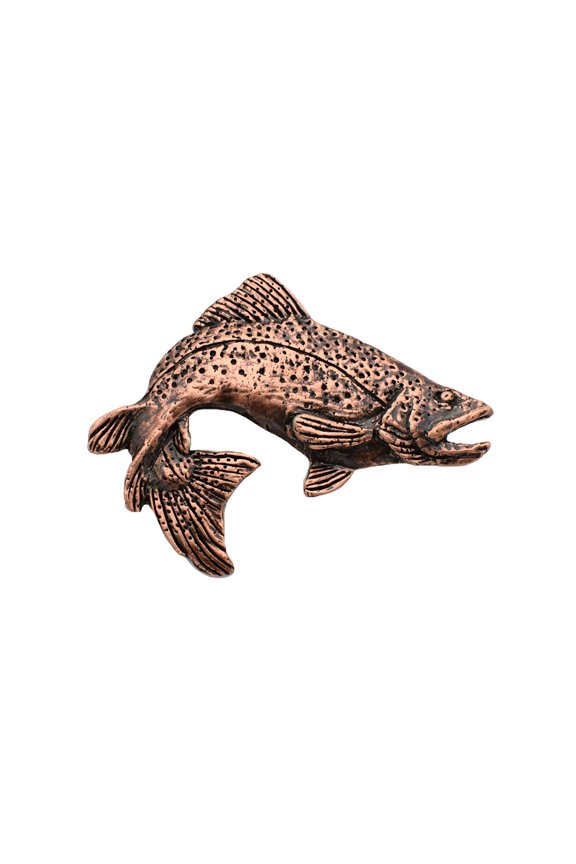 Brown Trout Leaping, Fish Pin, Copper Plated, FC010PR, 2" Very Large Lapel Pin, Hat, Brooch, Brooches, Jewelry, Gift, Fishing, Salmonoids, 100% Handmade in the USA, 200 Fish Designs Available