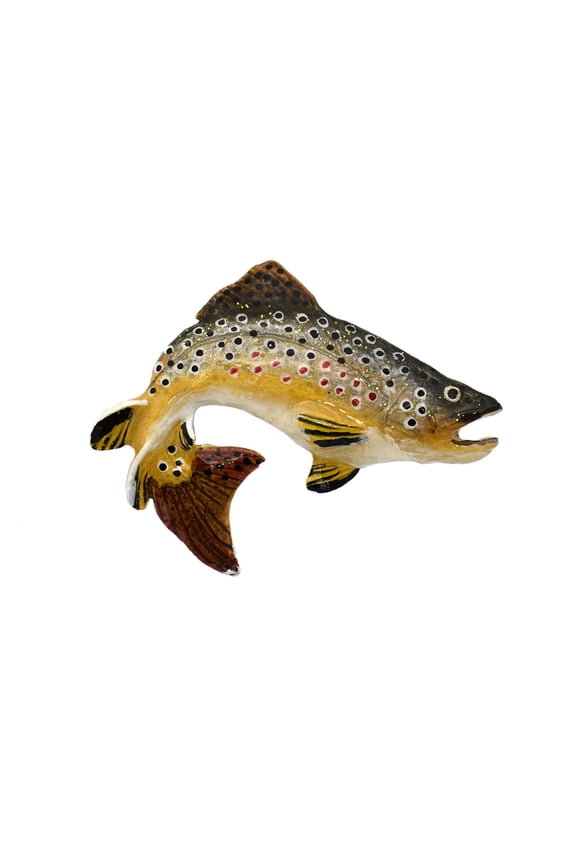 Brown Trout Leaping, Fish Pin, Hand Painted, FP010PR, 2" Very Large Lapel Pin, Hat, Brooch, Brooches, Jewelry, Gift, Fishing, Salmonoids, 100% Handmade in the USA, 200 Fish Designs Available