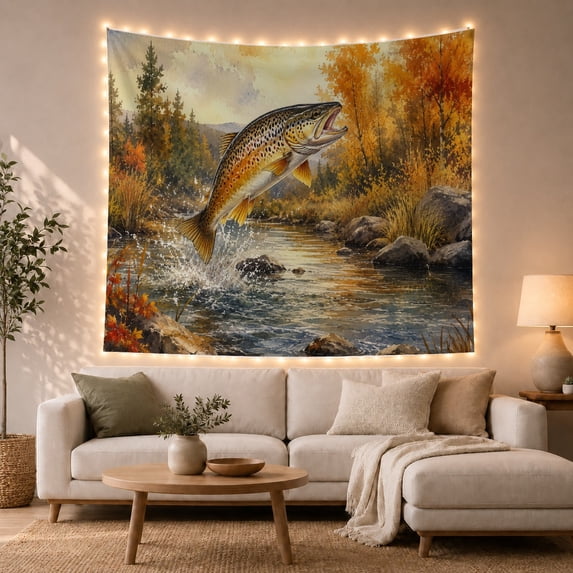 Brown Trout Leaping from River with Autumn Forest, Adventurous Rustic Style for Fishing Lovers, Fishing Wall Decor Father's Day Gift, Tapestry Wall Hanging for Cabin and Dorm