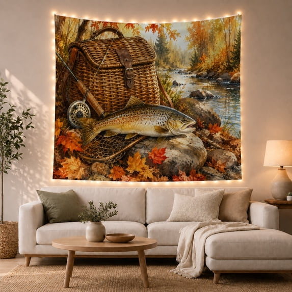 Brown Trout on River Rocks with Fishing Creel, Nostalgic Rustic Style for Fishing Lovers, Cabin Wall Decor Father's Day Gift, Tapestry Wall Hanging for Cabin and Living Room