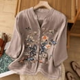 thumbnail image 1 of Brown Tshirts for Women's Cotton Linen Embroidered Shirt Tops Boho 3/4 Sleeeve Tunic Top Elegant Blouse Womens Shirts, 1 of 5
