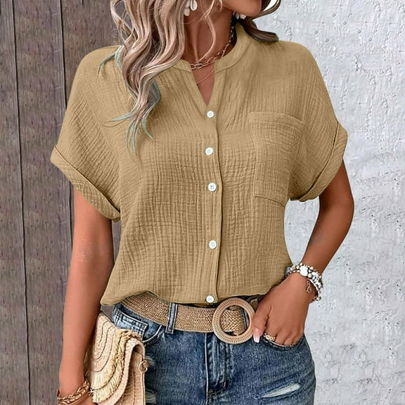 Brown Tshirts for Womens Blouses Casual Tops Batwing Sleeve Pocket Patched Shirt Casual Work T Shirts Double Layer Wrinkled Fabric Summer Tops