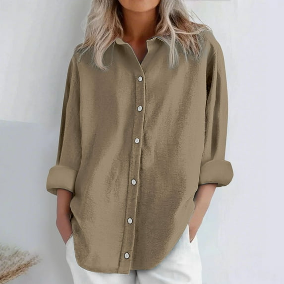 Brown Tshirts for Womens Daily Casual Linen Shirts Long Sleeve Shirts Tops Casual Blouses Loose Fit Shirt Womens Long Sleeve Tops