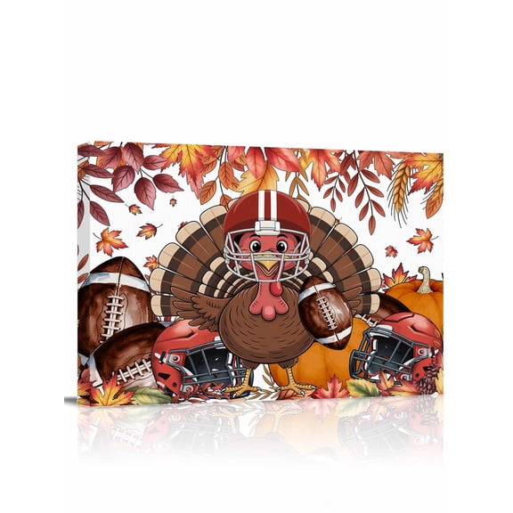 Brown Turkey with Helmet Canvas Print Wall Art Framed Canvas Art Wall Decor Rugby Fall Maple Leaf Thanksgiving Pictures Painting Morden Artwork for Living Room Bedroom, Ready to Hang - 12"x16"