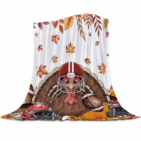 Brown Turkey with Helmet Flannel Blanket for Bed,Travel and Camping, Rugby Fall Maple Leaf Thanksgiving Super Soft Cozy Blanket for All Seasons 30"x40"