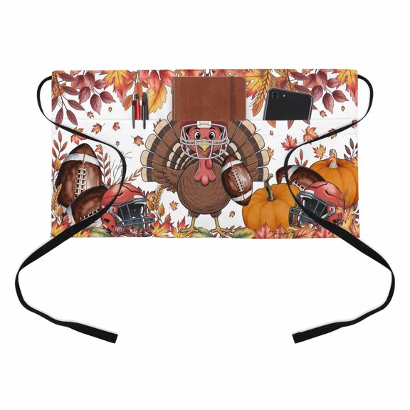 Brown Turkey with Helmet Kitchen Restaurant Half Waist Apron, Rugby Fall Maple Leaf Thanksgiving Server Short Apron with 3 Pockets Waterproof Oil Waist Aprons for Women Waitress Waiter