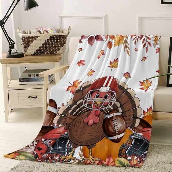 Brown Turkey with Helmet Throw Flannel Blanket 40x50In Rugby Fall Maple Leaf Thanksgiving Super Soft Cozy Bed Blanket, Lightweight Plush Fuzzy Bed Throw for Bedroom Sofa Couch Living Room