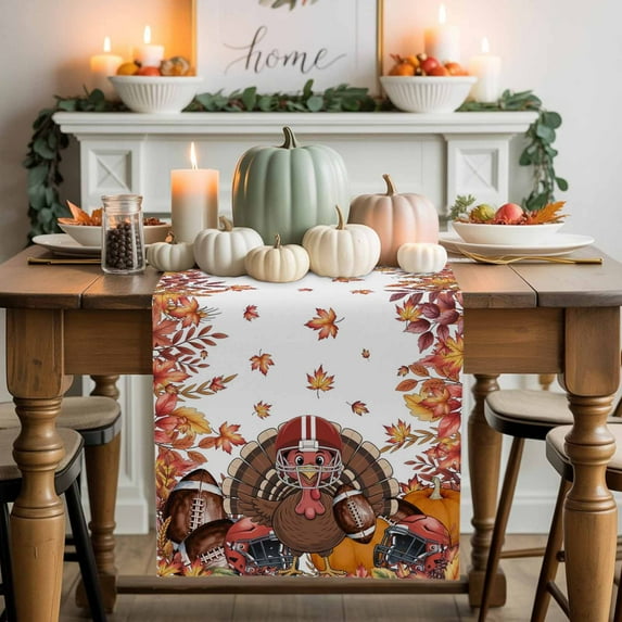 Brown Turkey with Helmet Table Runner, Autumn Thanksgiving Kitchen Dining Table Decoration for Home Party Decor 13x48 Inches