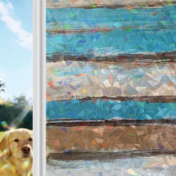 Brown Turquoise Board Rainbow Window Privacy Film, Abstract Wood Grain Vintage Stained Glass Window Film, Sun Blocking Glass Clings Static Cling Non Adhesive Door Stickers 17.7 x 39.3 Inches