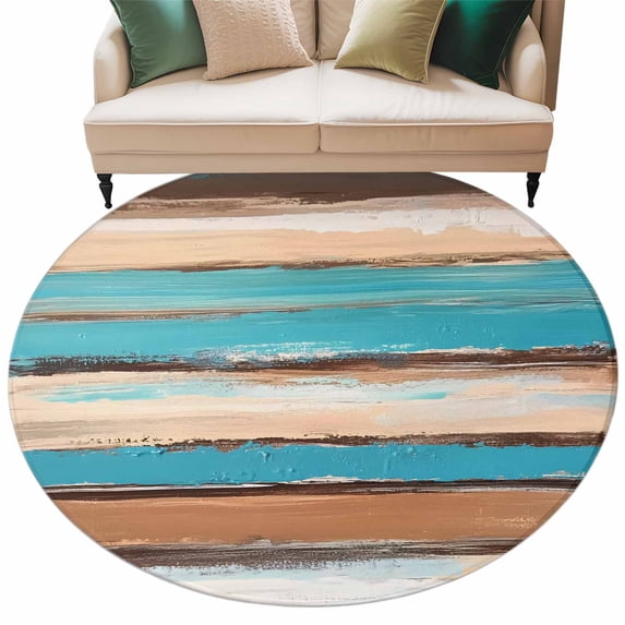 Brown Turquoise Board Round Area Rug 7ft Abstract Wood Grain Non-Slip Washable Circle Rugs Soft Felt Indoor Floor Mat for Bedroom Kitchen Living Room Bathroom
