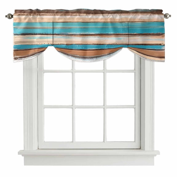 Brown Turquoise Board Tie Up Window Valance Abstract Wood Grain Vintage Tie-up Valance for Kitchen Windows Adjustable Small Curtain Balloon Shades for Kitchen Bathroom Cafe 42x12inch