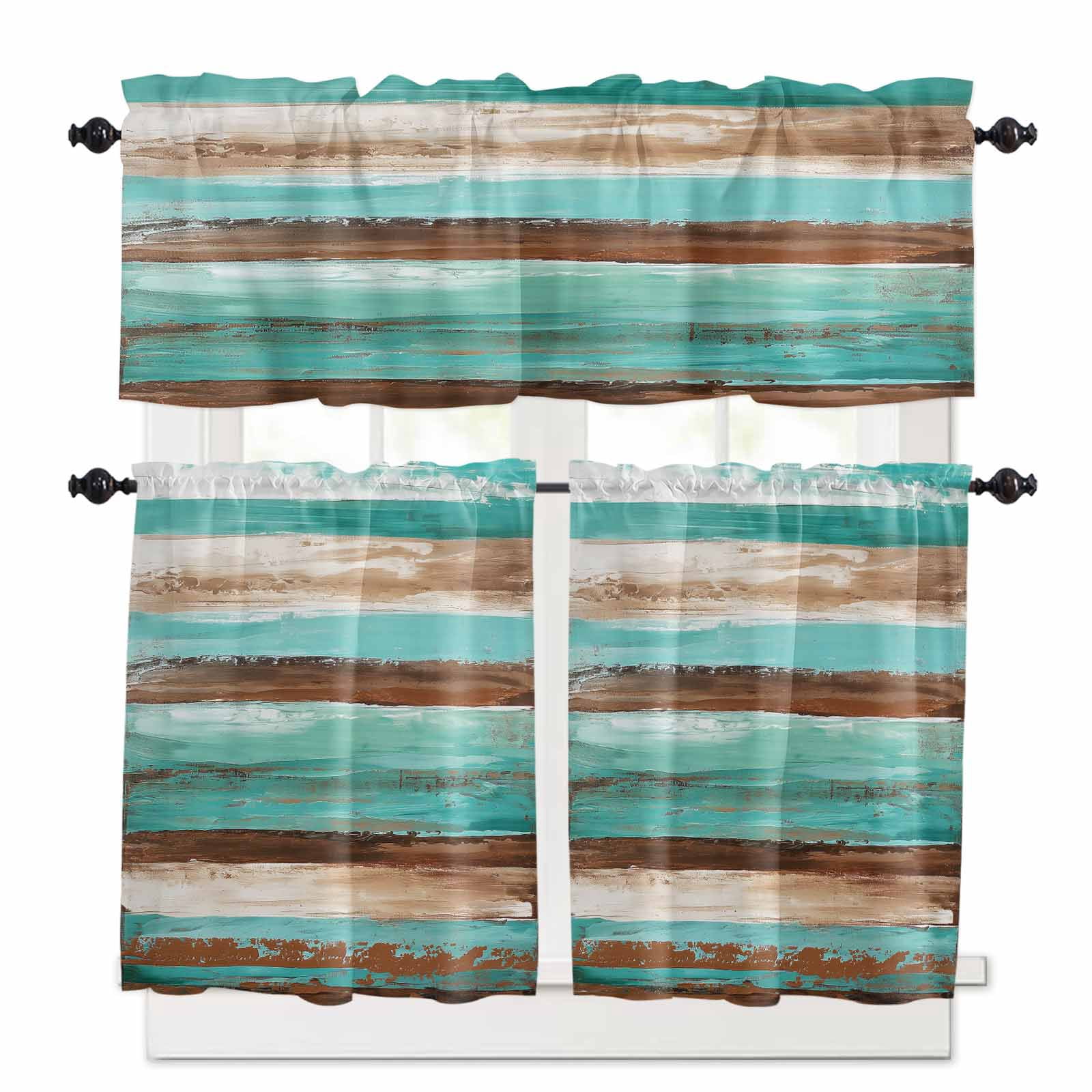 Brown Turquoise Kitchen Curtains Set for Windows 3 Pieces,36 Inch ...