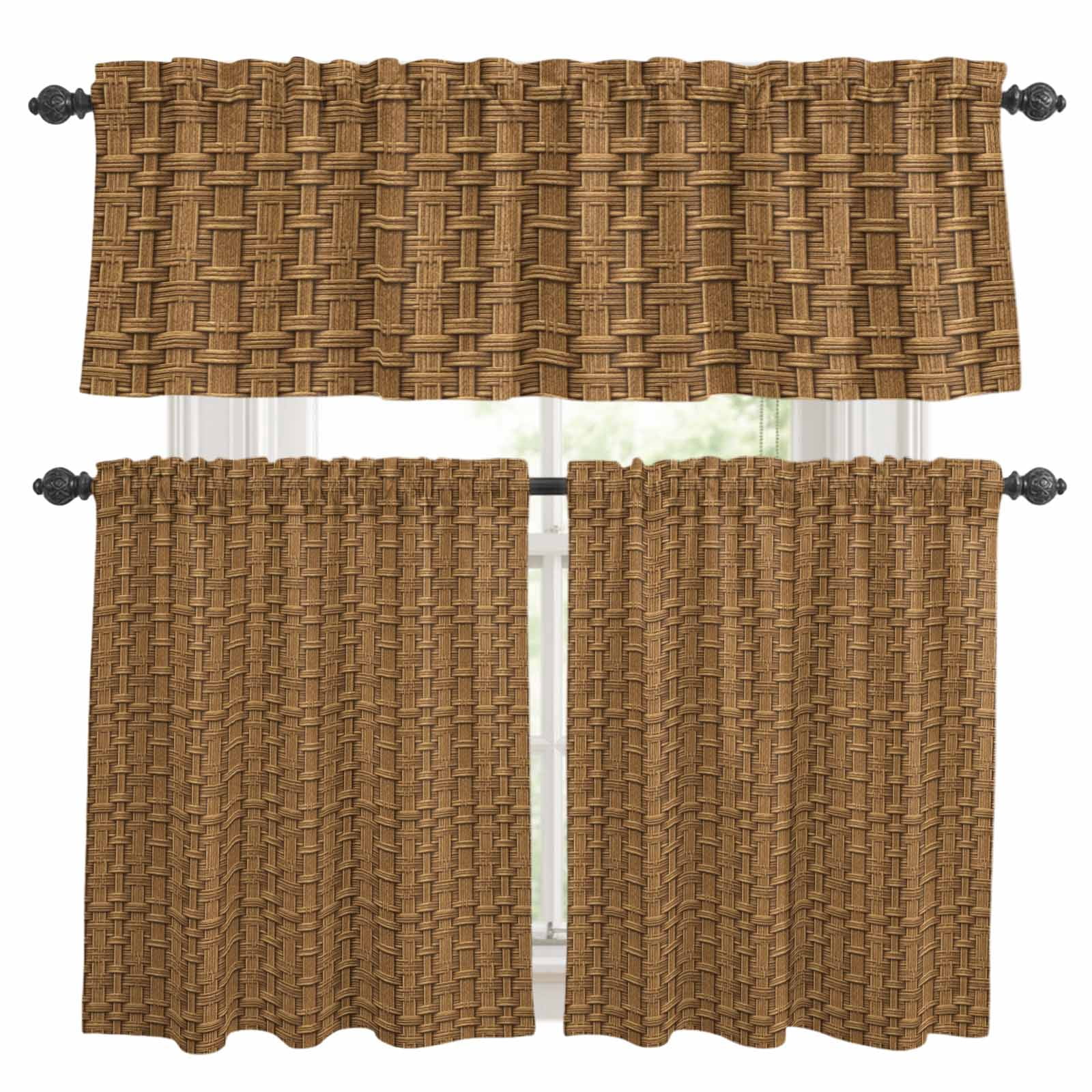 Brown Turquoise Kitchen Curtains Valances and Tiers Set of 3 Vintage ...