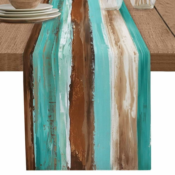 Brown Turquoise Table Runner 90 Inches Long for Dining Table Decor,Abstract Wood Grain Gradient Watercolor Burlap Linen Farmhouse Table Runner Coffee Table Runners Dresser for Kitchen Party Holiday